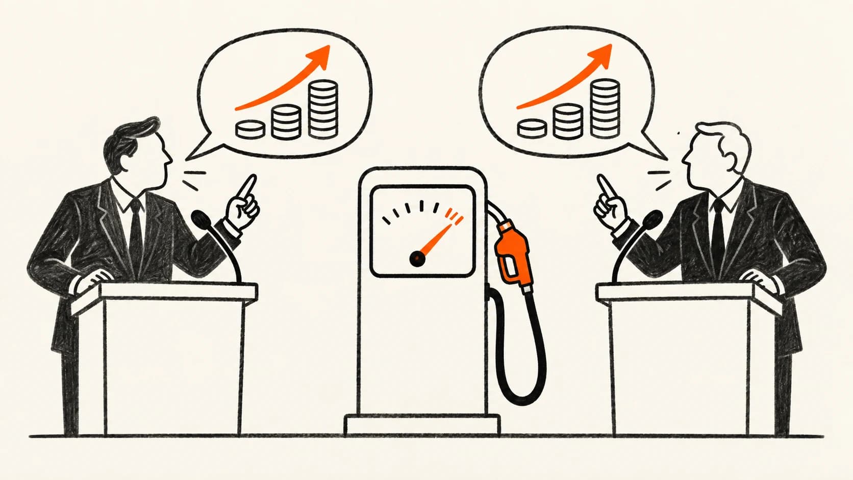 Minimalistická kresba dvou řečníků se stejným argumentem vedle čerpacího stojanu s rostoucí cenou