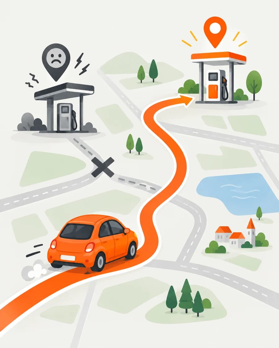 Ilustrace auta hledajícího nejlevnější čerpací stanici na mapě